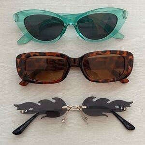 Bundle of three trendy sunglasses - cat eye, chic narrow, and micro flame frames